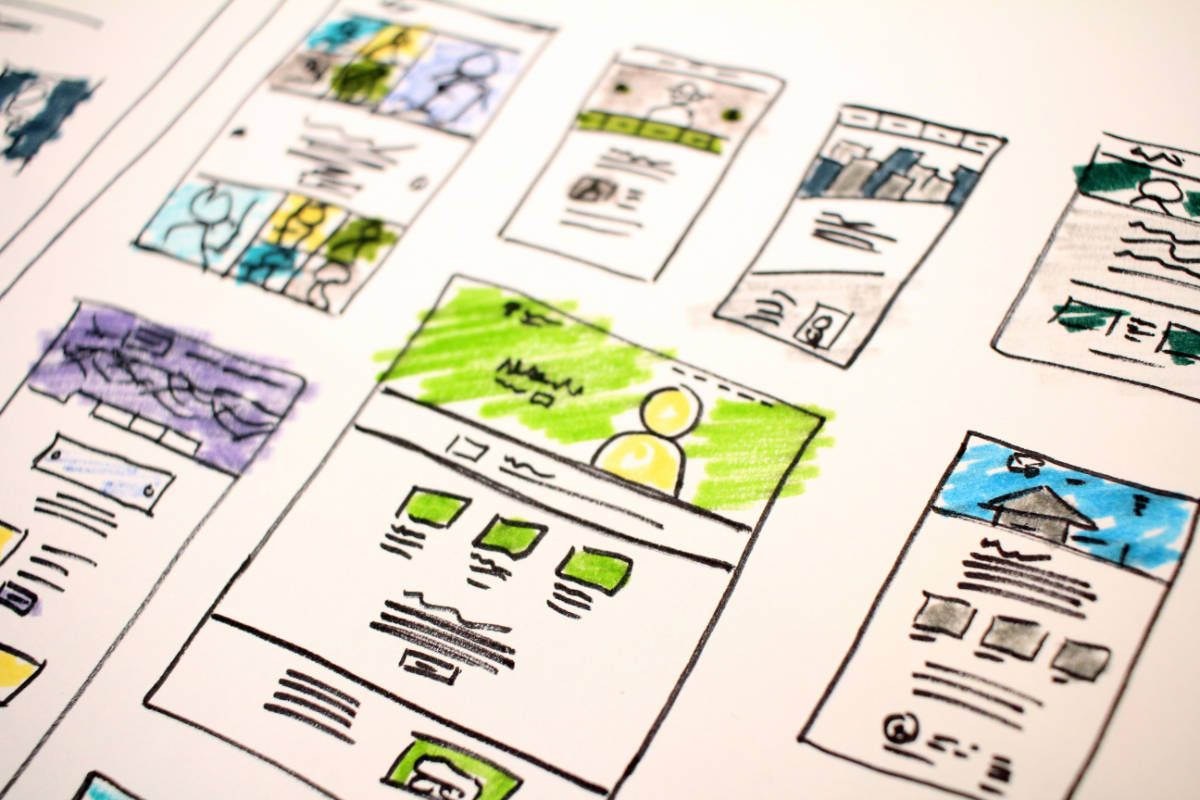 Handgezeichnete Website-Wireframes auf Papier – Website Redesign Planung